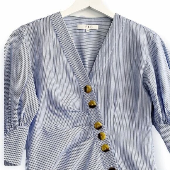 Tibi Stripe Asymmetrical Shirt Dress, Size 00, Blue - Picture 8 of 12